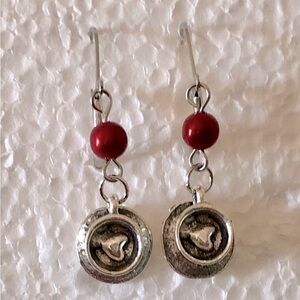 Handcrafted Pierced Coffee, Tea Cup Heart Earrings Silver Tone with Red Bead